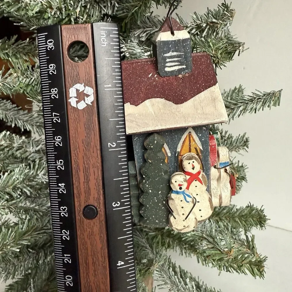 Vintage Christmas Ornament Snowman Family Church Painted Wood Primitive Country